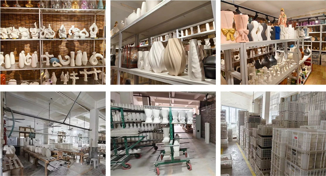 Dehua factory collage — showroom shelves, forming benches, kiln carts, and finished-goods storage