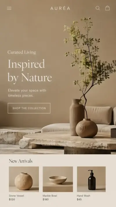 AURÉA boutique home living — mobile storefront mockup on gallery plinth