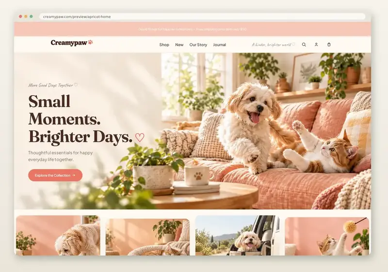 Creamypaw Apricot Home preview — warm pet essentials homepage