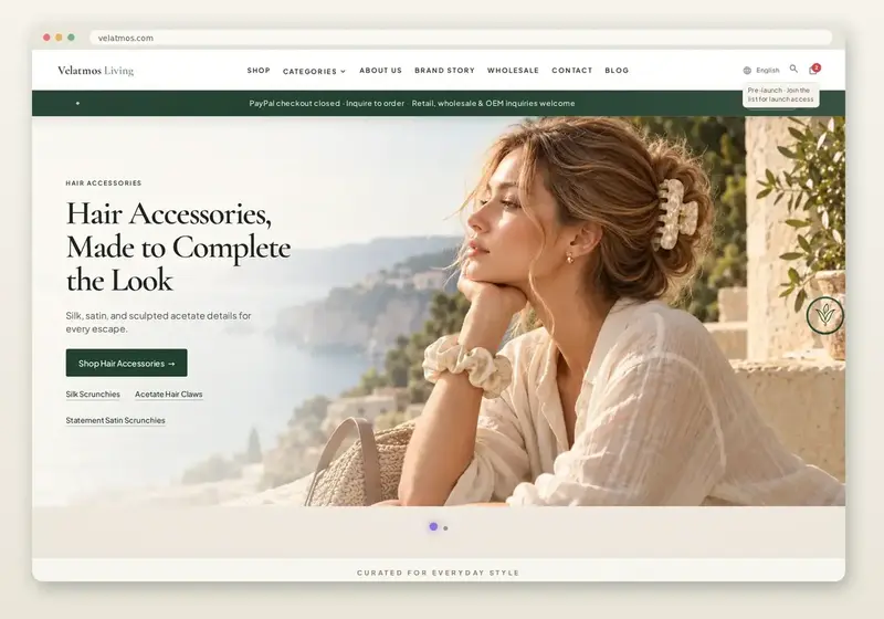 VELATMOS Living homepage preview — quiet-luxury accessories