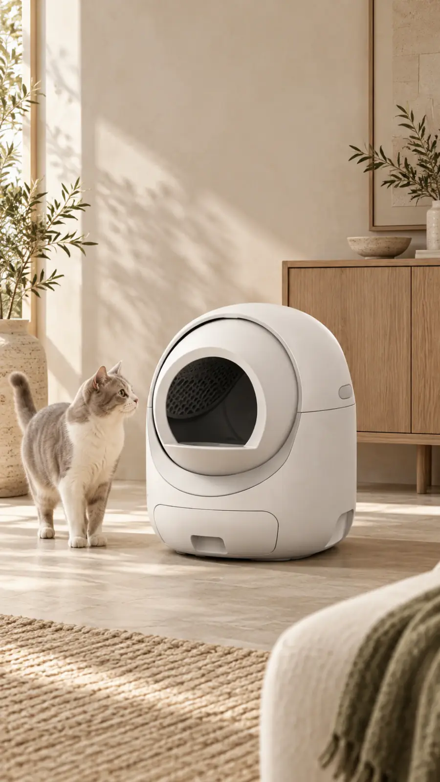 Automatic litter-box product visual — editorial pet commerce scene