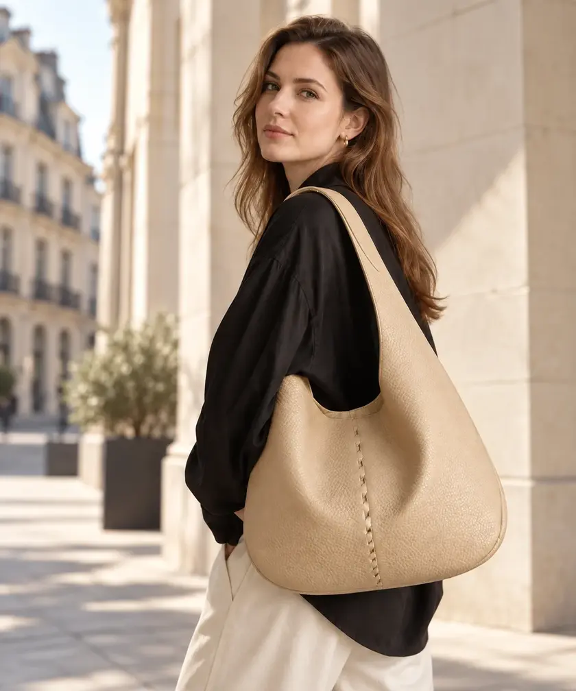 Quiet-luxury leather shoulder bag — lifestyle product visual