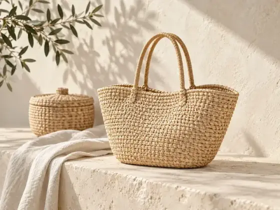 Handwoven basket in warm wood light — artisan living visual