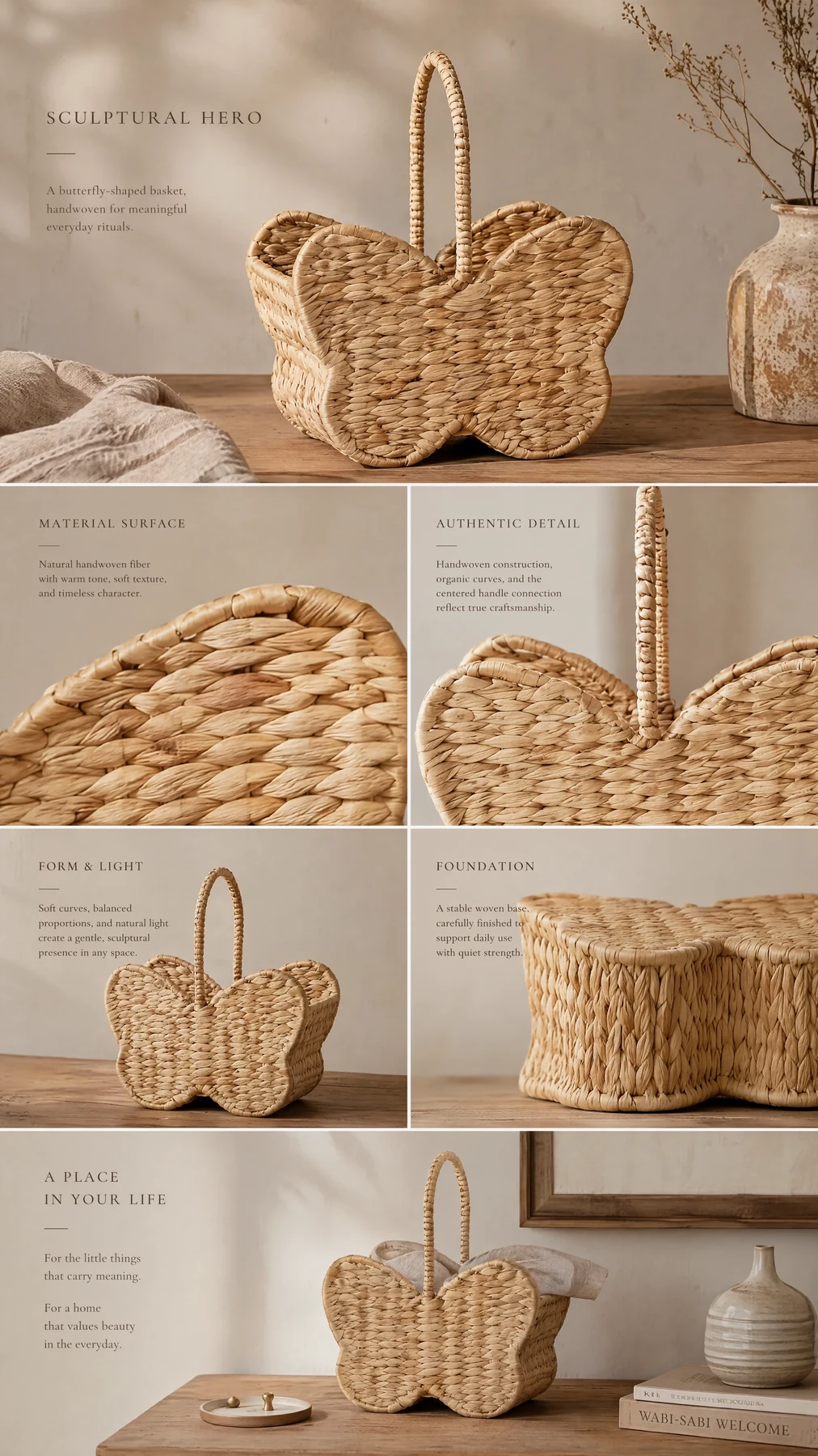 Craft board for the butterfly seagrass basket — striped braid and arched handle join