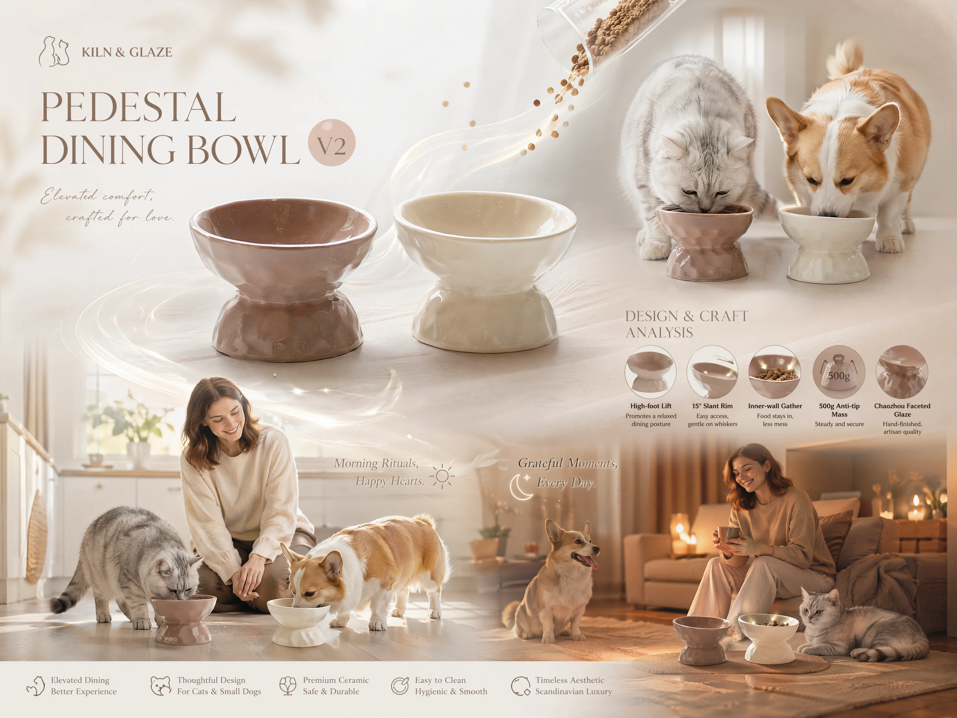 Celestia Wave lifestyle — dual elevated bowls in muted pet corner, dry food and water pairing, quiet luxury home setting