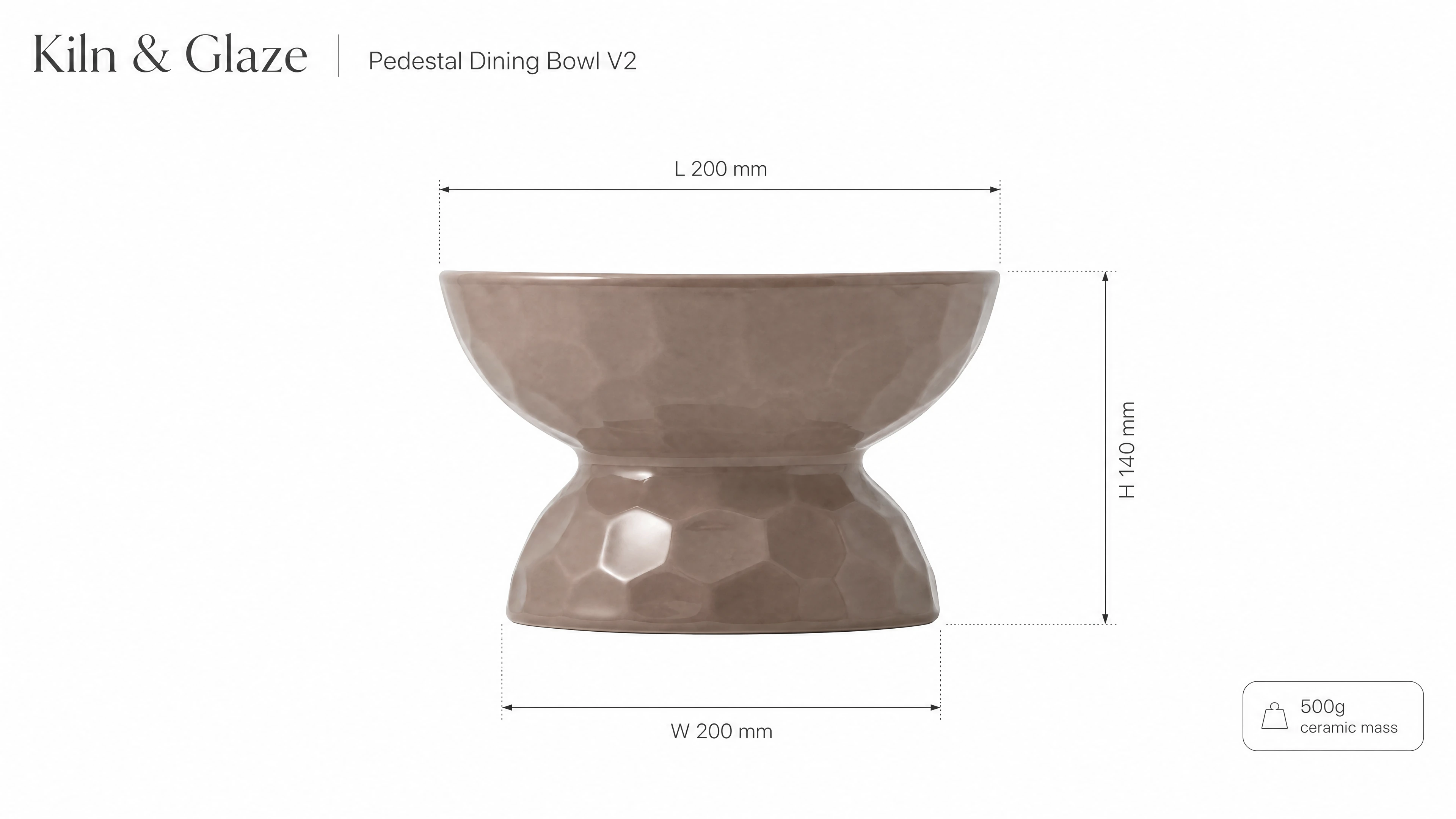 Celestia Wave dimension diagram — 200 × 200 × 140 mm, ~500 g ceramic mass, ~14 cm neck-friendly eating line