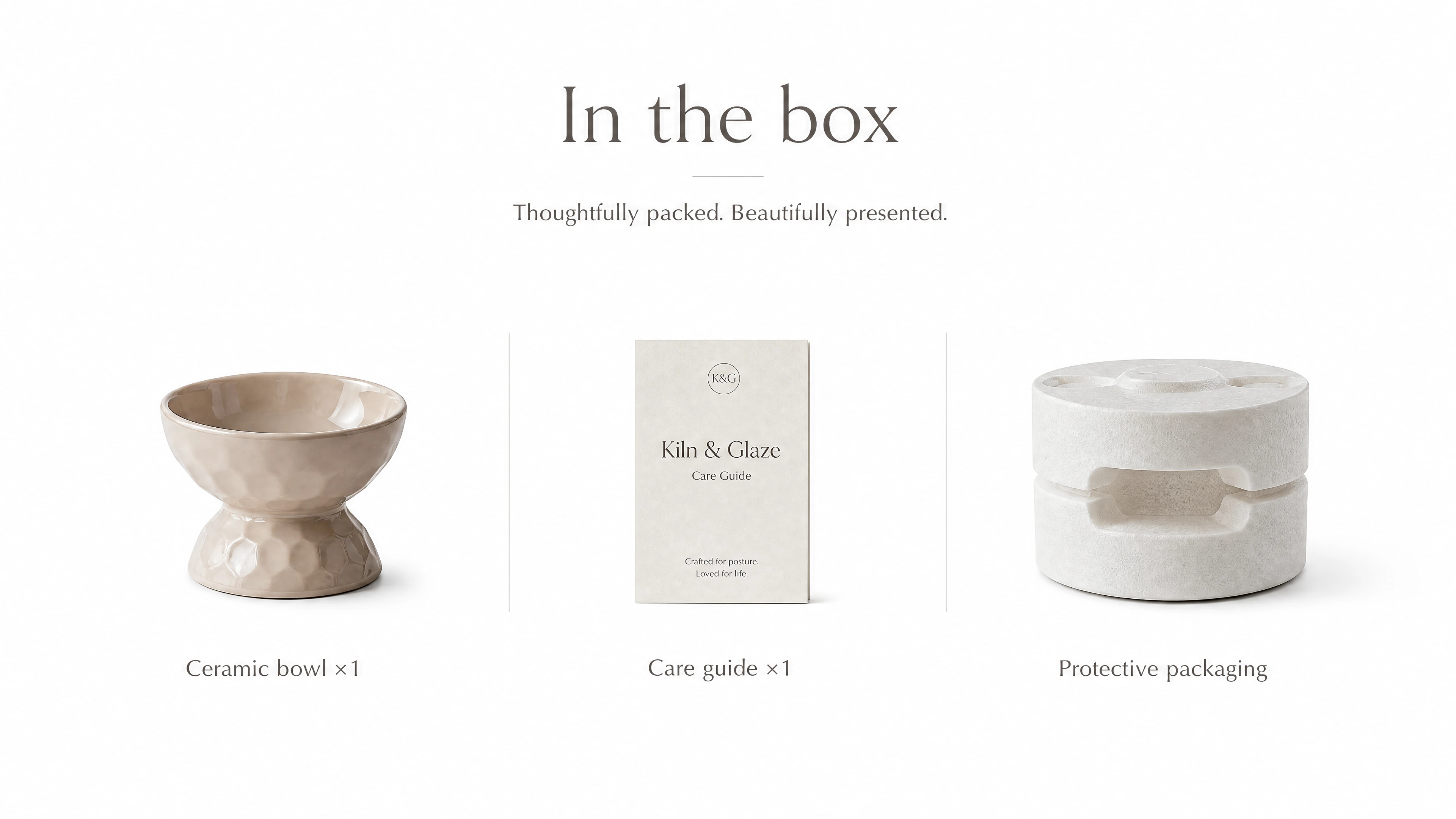 Celestia Wave in-the-box contents — ceramic elevated bowl ×1, care card ×1, protective packaging