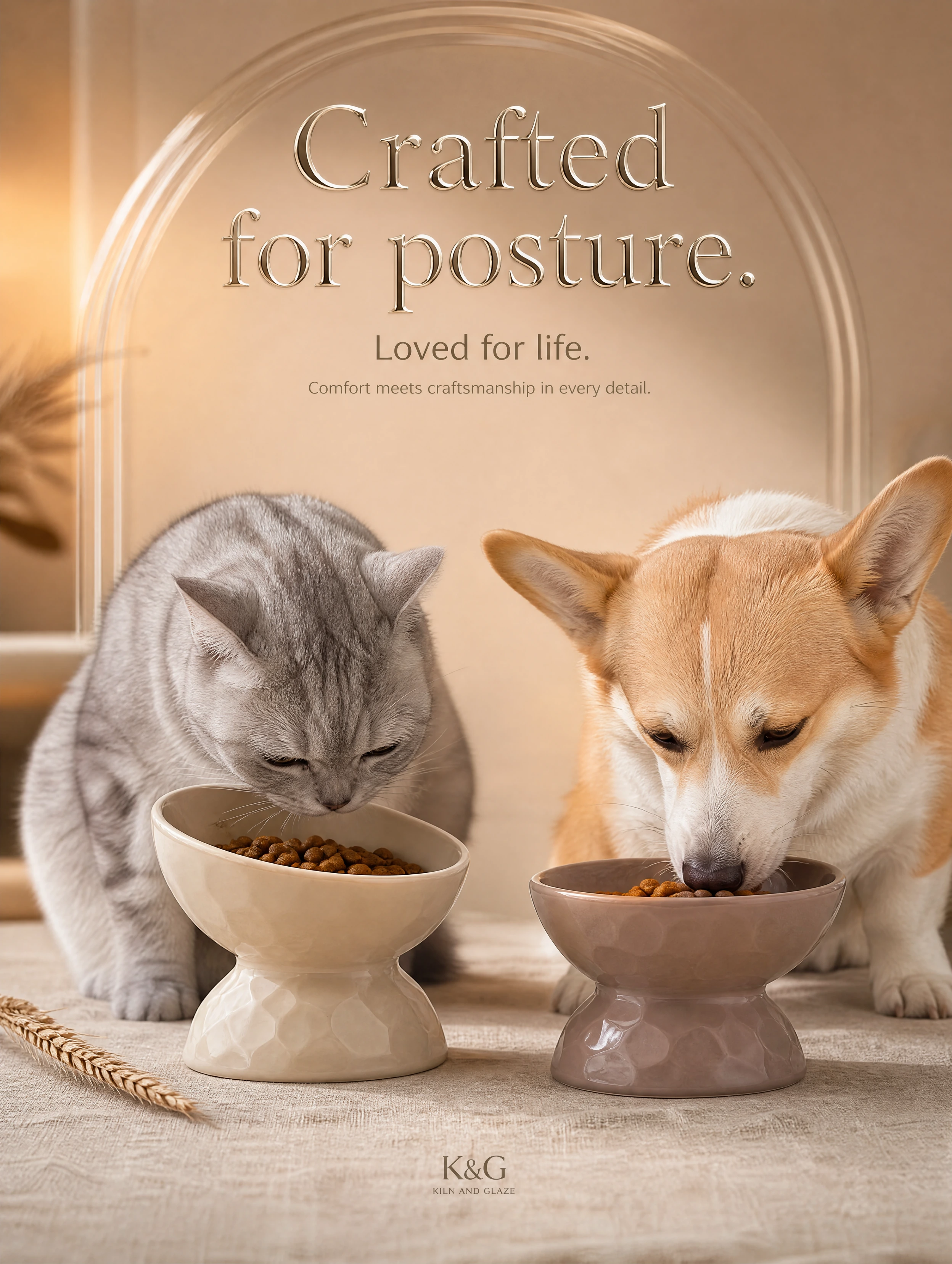 Silver Shaded British Shorthair and cream Corgi eating from Celestia Wave elevated bowls — slanted rim for dry food, water bowl beside