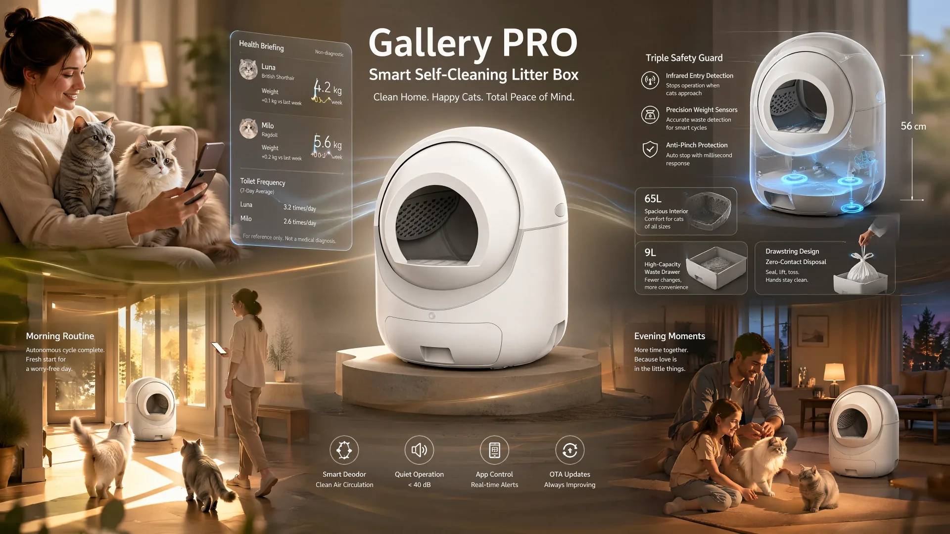 Gallery PRO Smart Self-Cleaning Litter Box lifestyle narrative — silver British Shorthair exiting gallery cabin, Ragdoll nearby with App wellness briefing, museum-calm home scenes