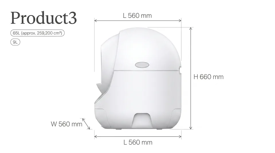 HMPEt-PRO-Gallery dimension diagram — Length 550 mm Width 510 mm Height 536 mm, 65L open-top interior, 9L bottom pull-out drawer, 0.28 square meter footprint