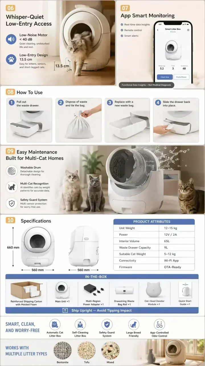 HMPEt-PRO-Gallery smart care — whisper-quiet motor, Wi-Fi App, drawstring disposal steps, in-box contents