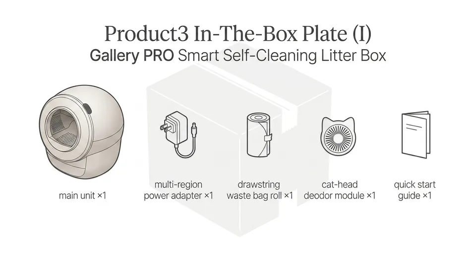 HMPEt-PRO-Gallery in-the-box contents — open-top host, power adapter, liner bag roll, user manual, optional tracking mat