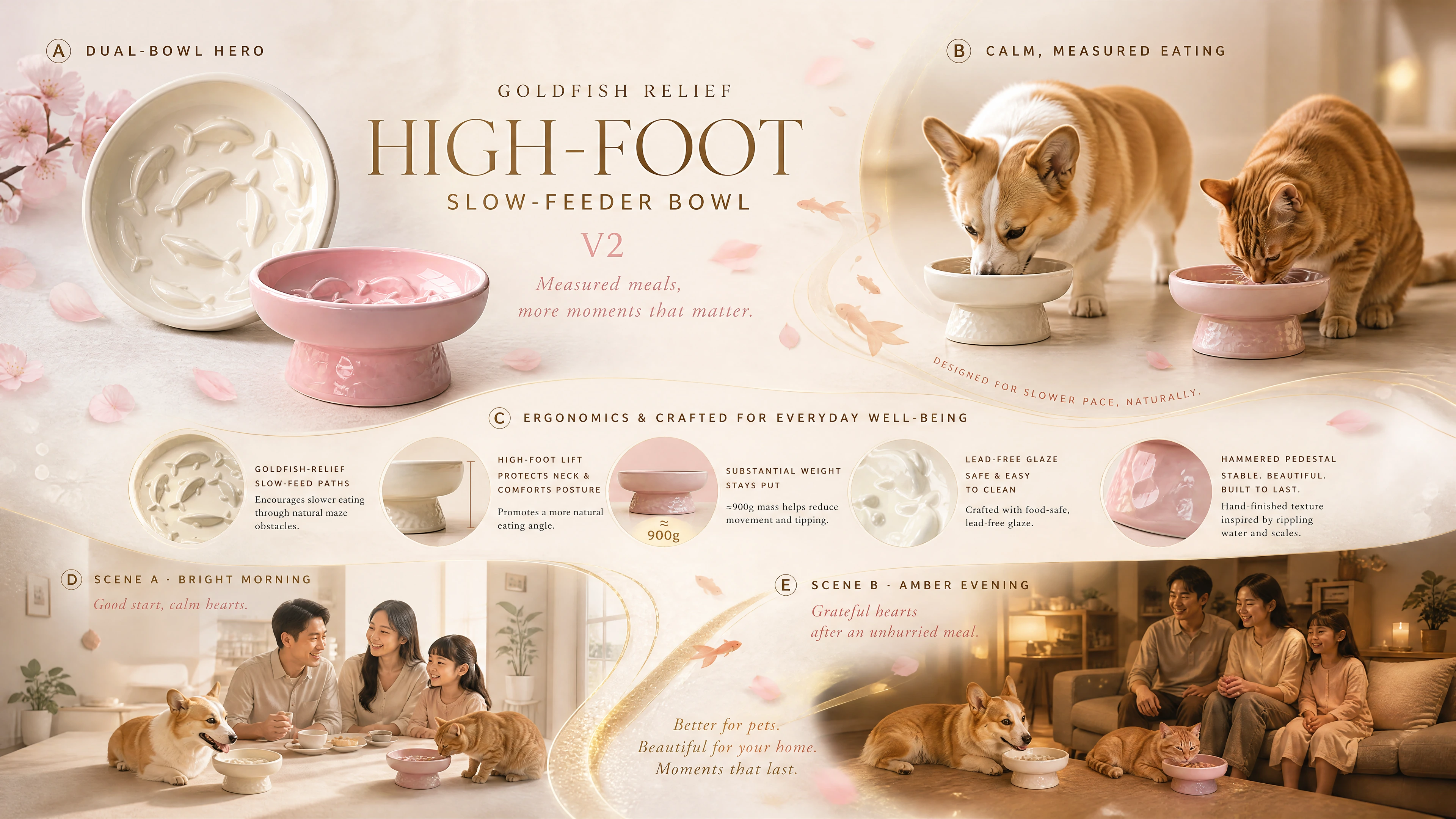 Lifestyle narrative — dual goldfish relief slow-feeder bowls in pastel pet corner, slow mealtime scene