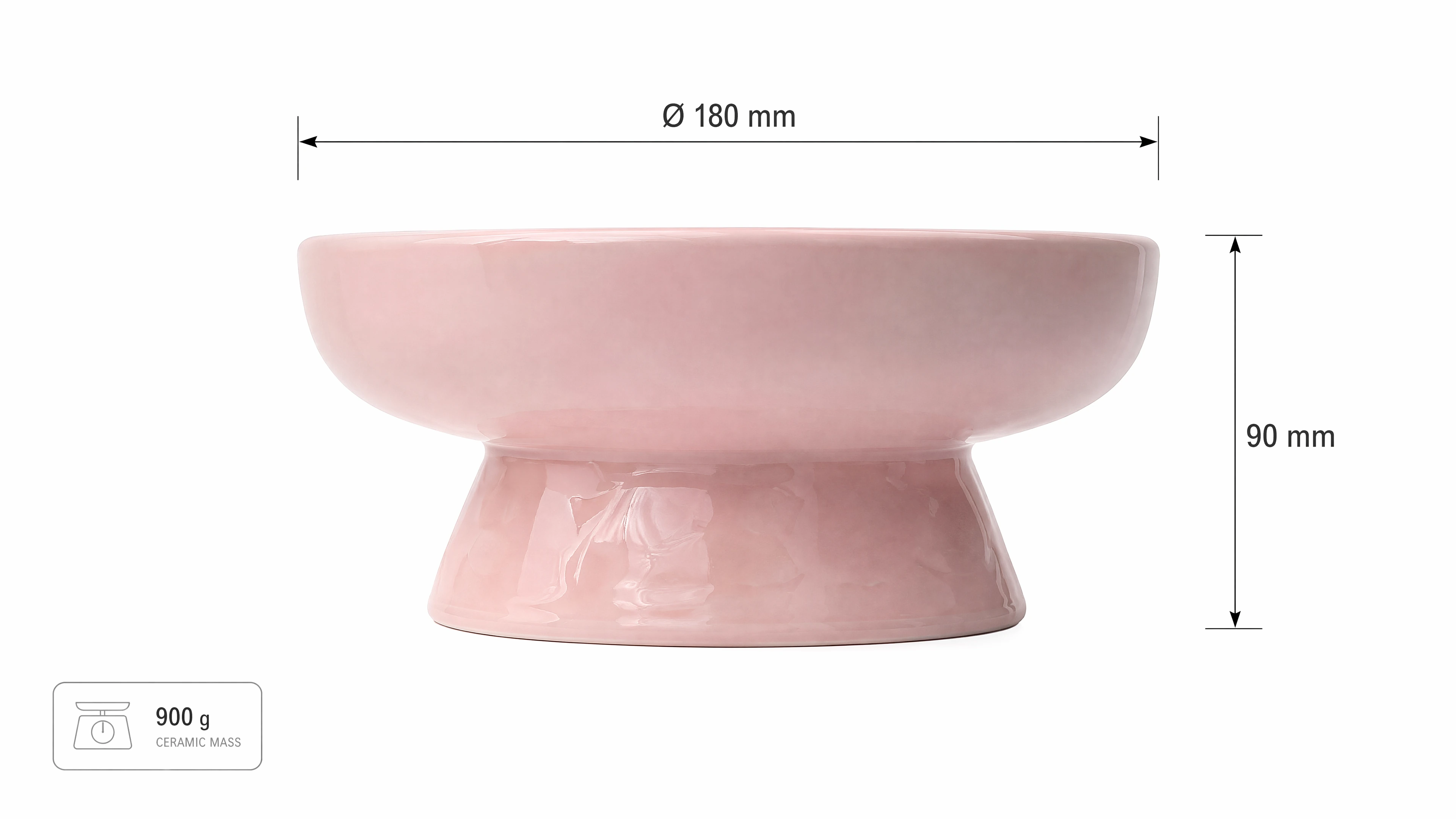 Dimension diagram — 18 cm diameter, 9 cm height, ~900 g ceramic mass