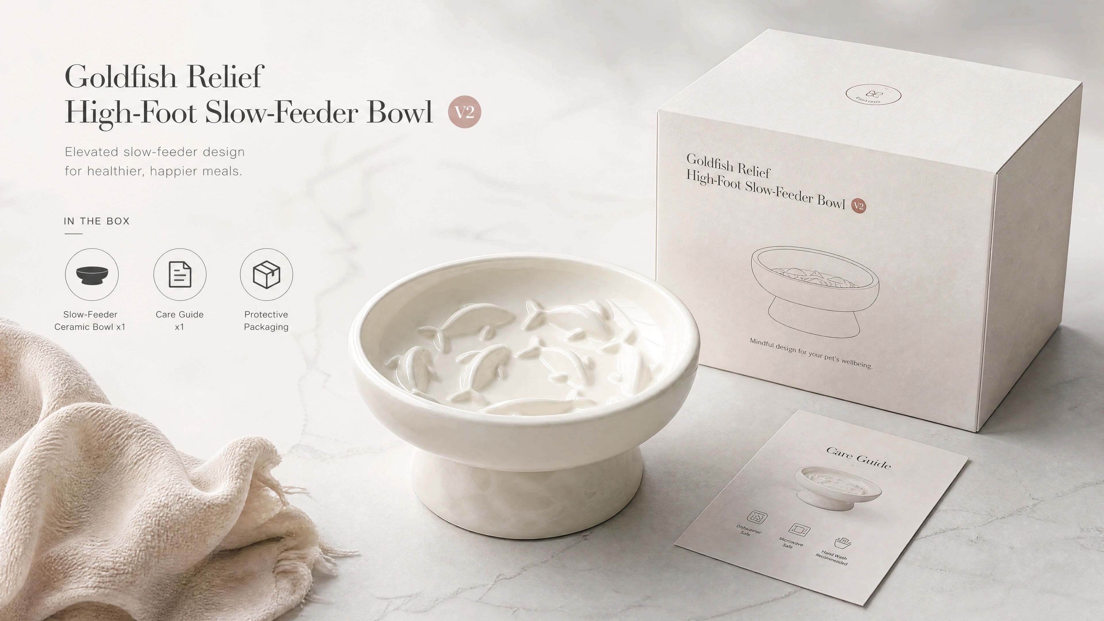 In-the-box contents — ceramic slow-feeder bowl ×1, care card ×1, protective packaging