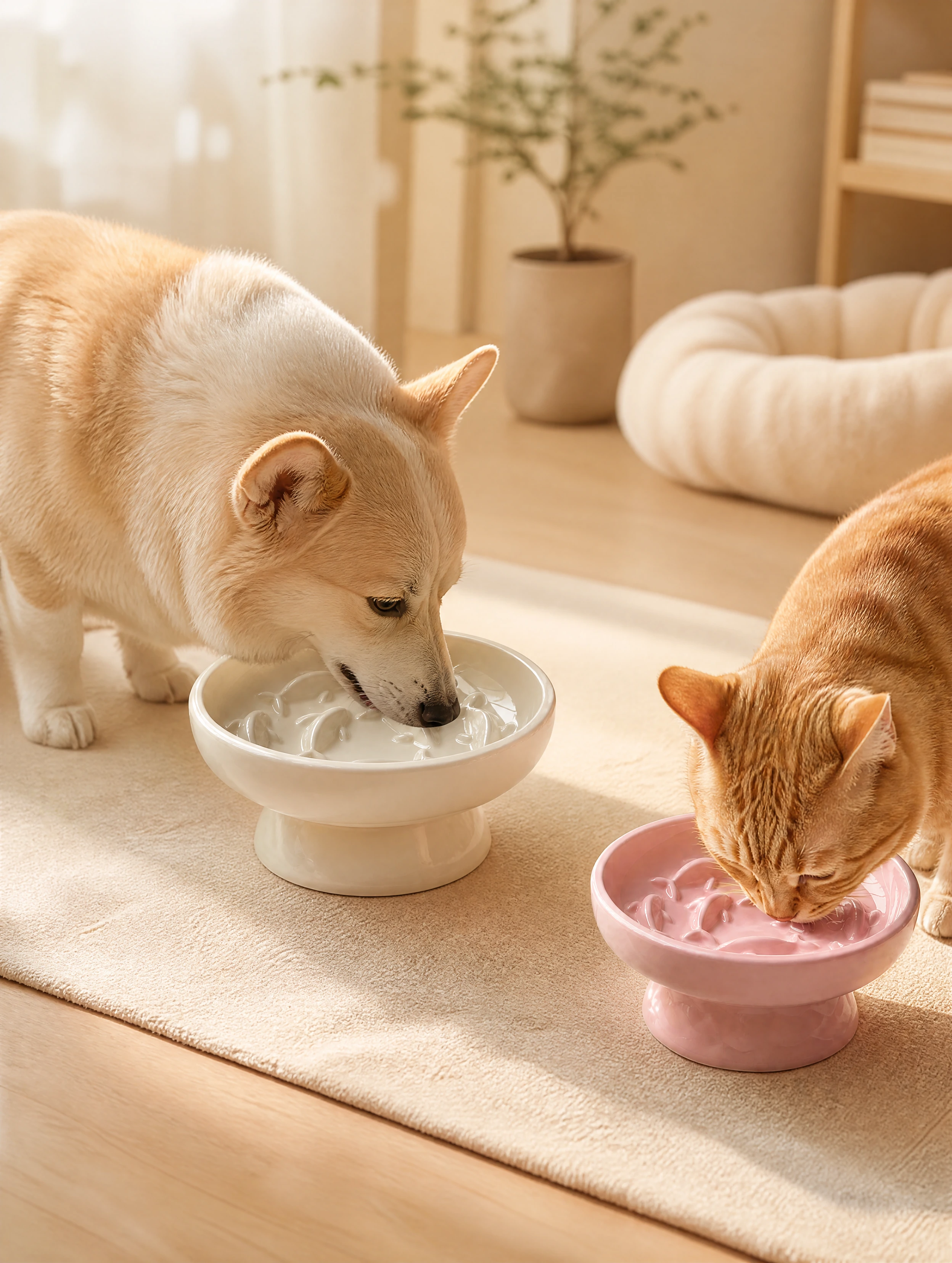 Corgi and cat eating from goldfish relief slow-feeder bowls at comfortable elevated height