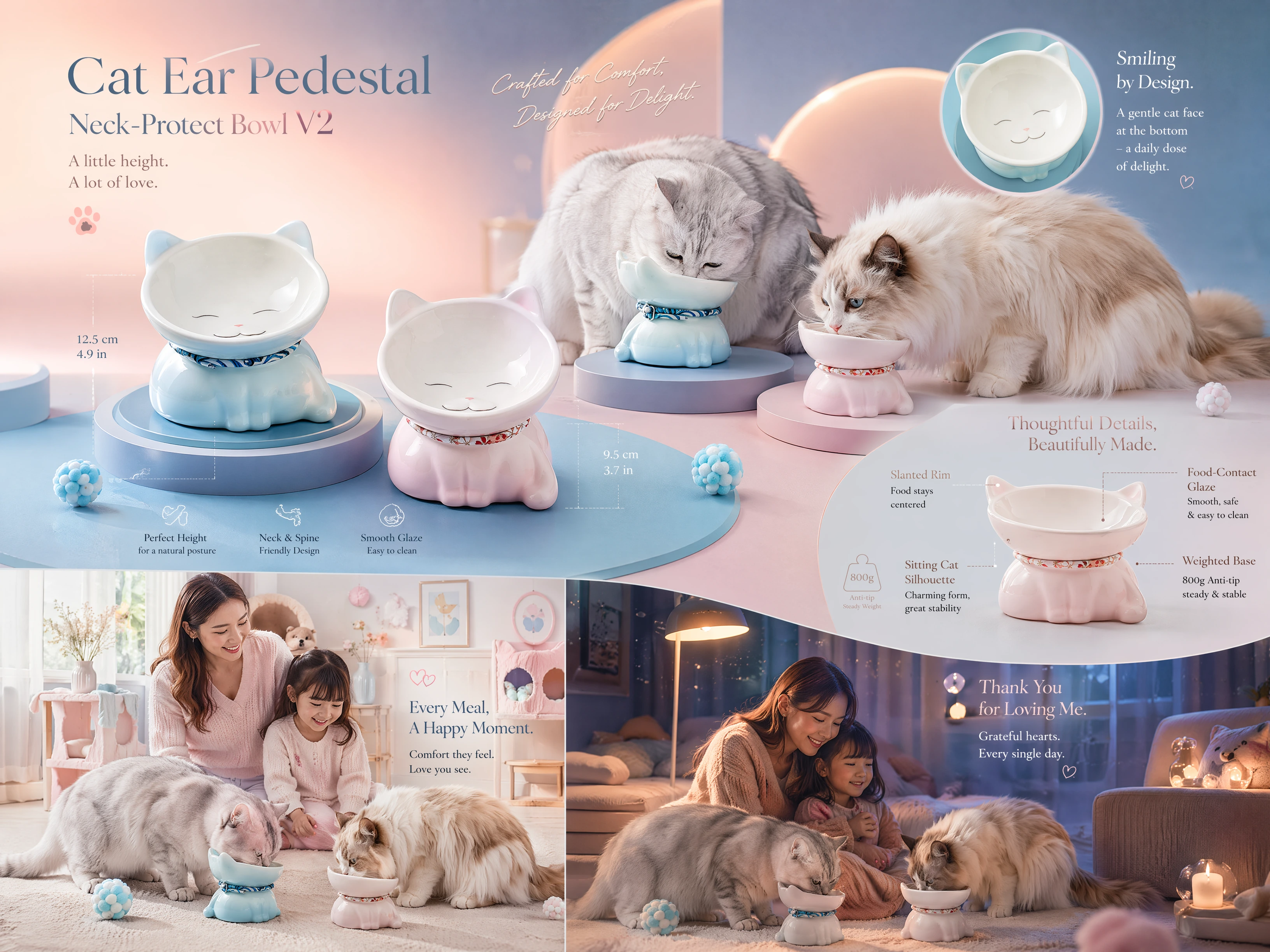 LunaCrest lifestyle narrative — dual cat-ear bowls in pastel pet corner, ergonomics highlights, evening gratitude meal scene