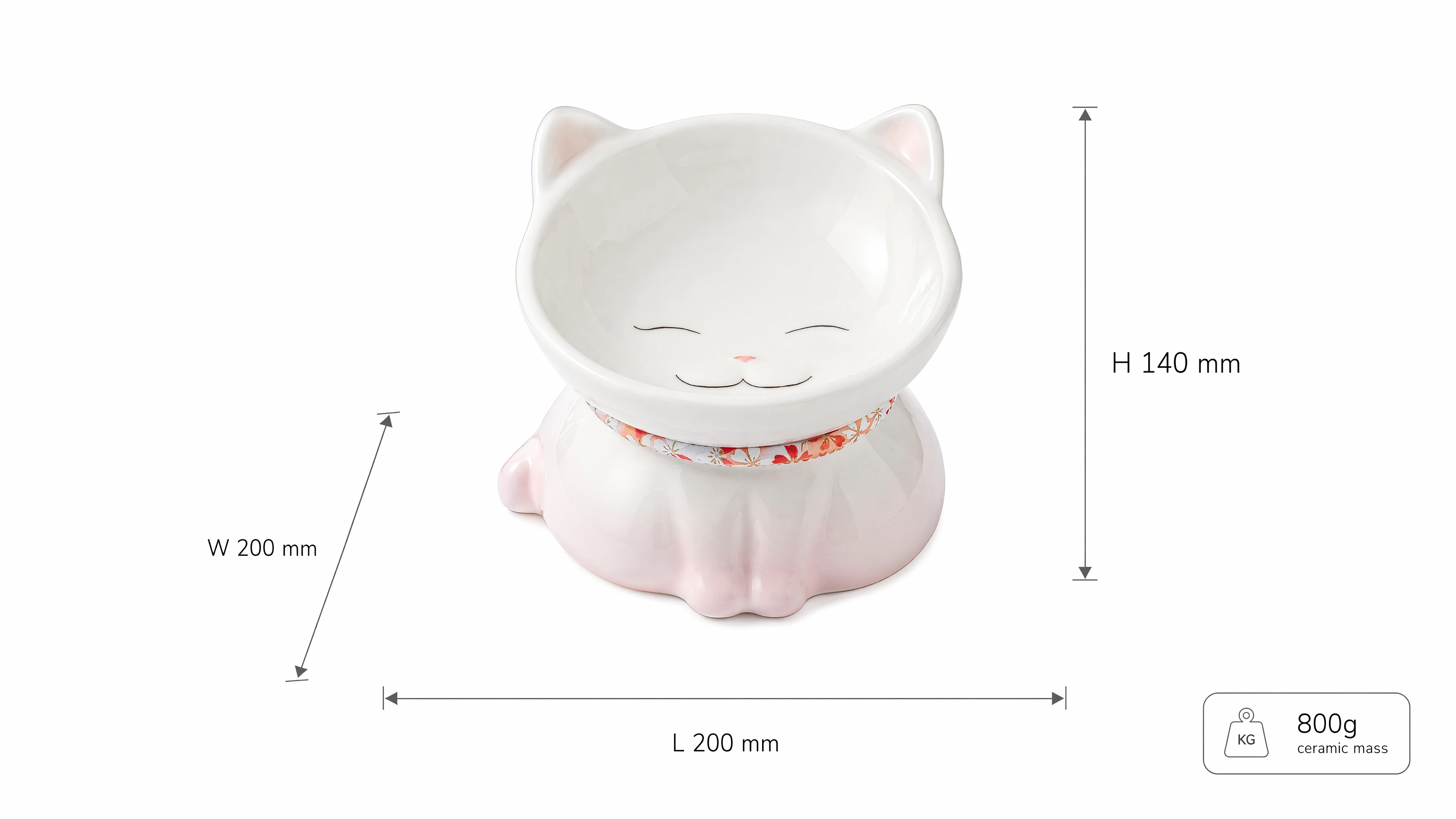 LunaCrest dimension diagram — Length 200 mm Width 200 mm Height 140 mm, 800 g ceramic mass, 14 cm neck-protect eating line