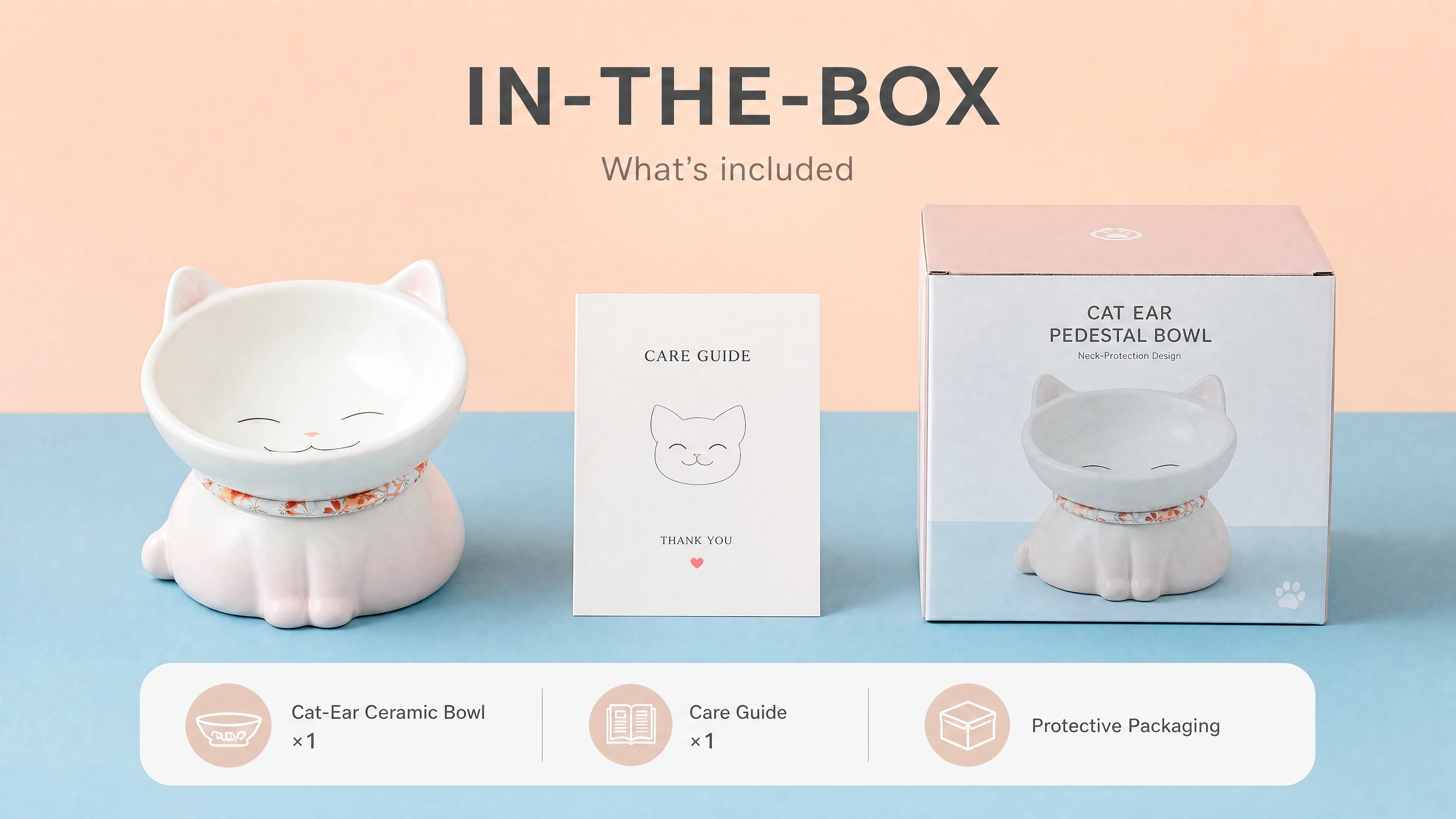 LunaCrest in-the-box contents — ceramic cat-ear bowl ×1, care card ×1, protective packaging