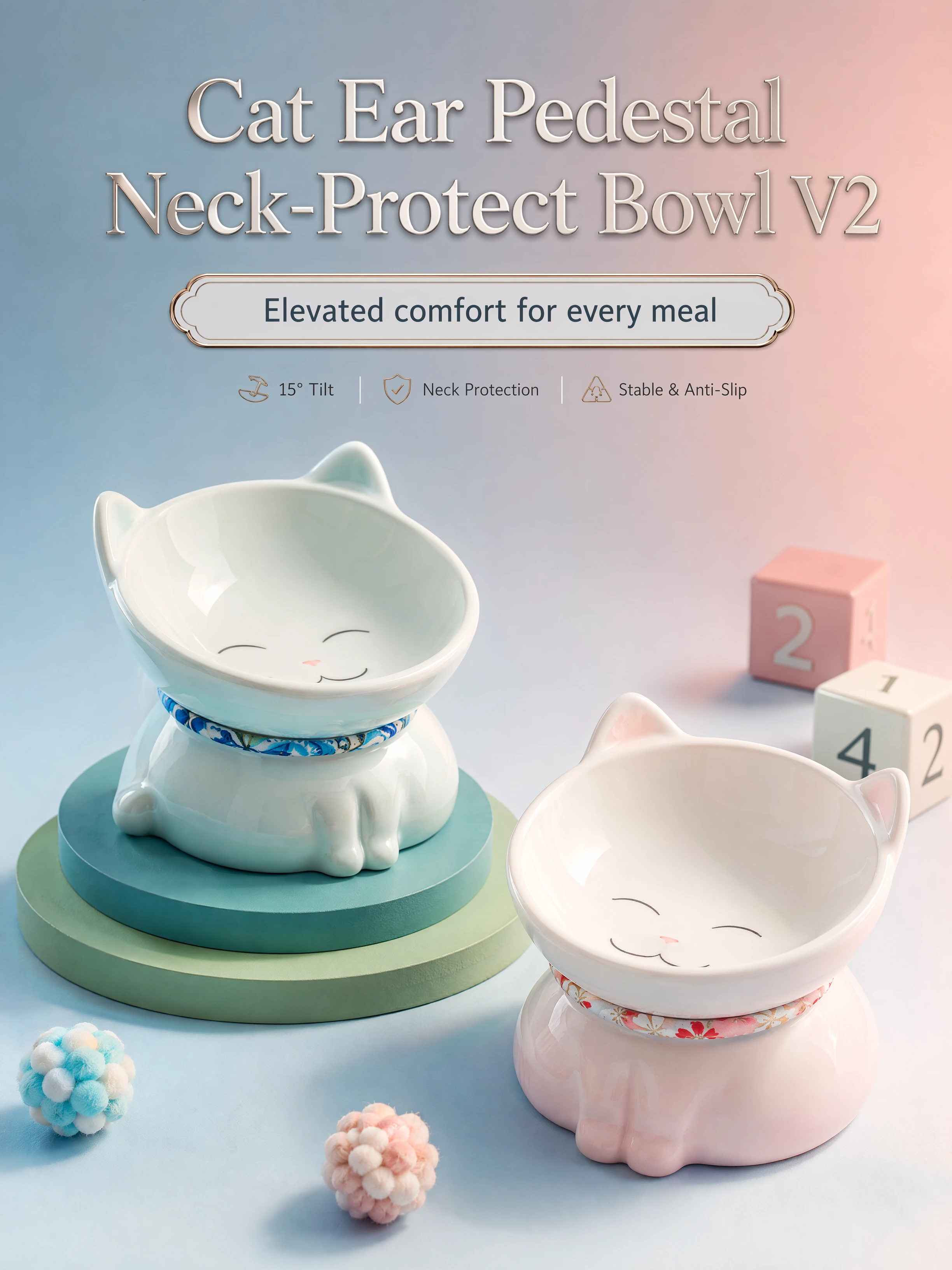 LunaCrest kawaii tableware hero — dual blue and pink cat-ear pedestal bowls on stacked platforms with floral collar accents