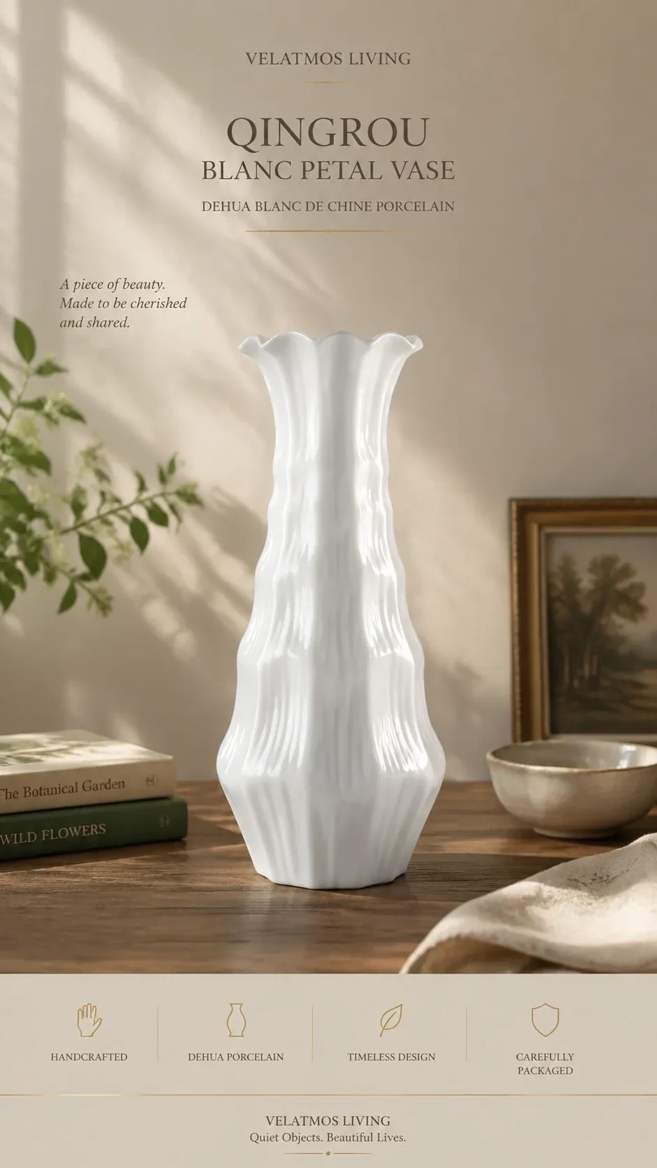 Studio photograph of the Lunara Blanc Petal Vase — actual Dehua white porcelain