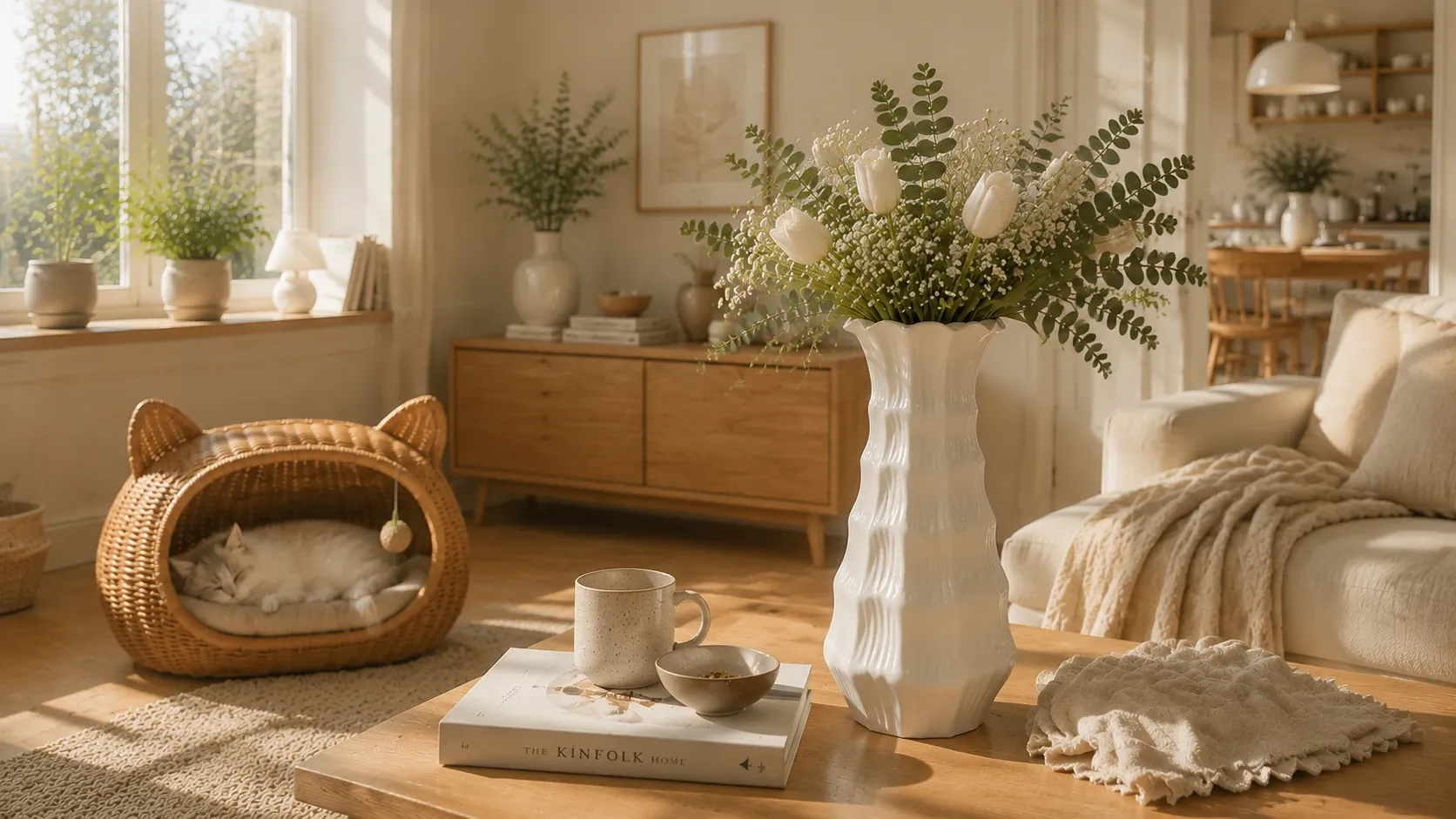 Studio photograph of Lunara Blanc petal vases on a living shelf with books and objects