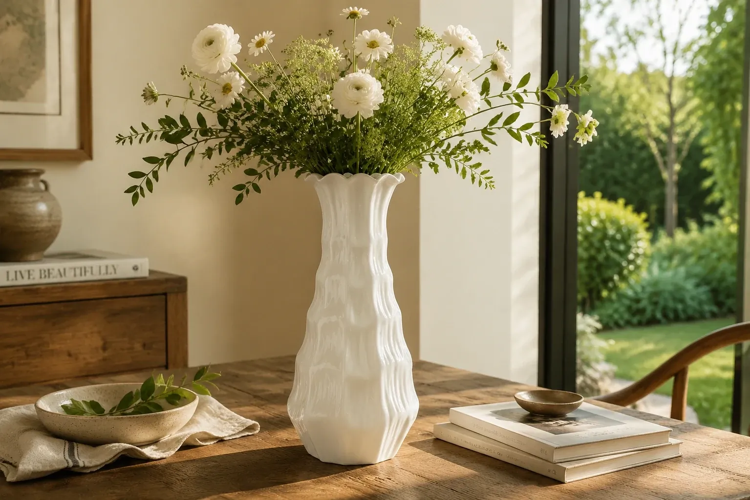 Studio photograph of the Lunara Blanc collection family with the petal vase