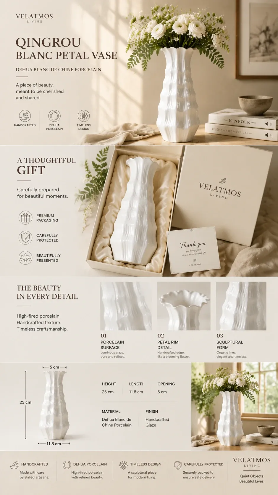 Velatmos Lunara Blanc Petal Vase gift system — ribboned box, thank-you card, Dehua Blanc de Chine craft, and home occasions