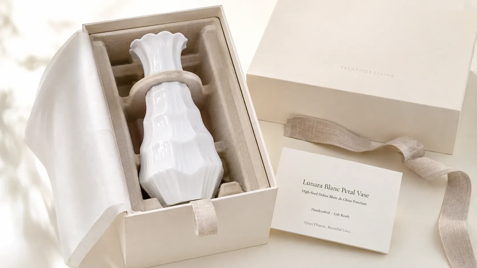 Lunara Blanc Petal Vase with protective packing
