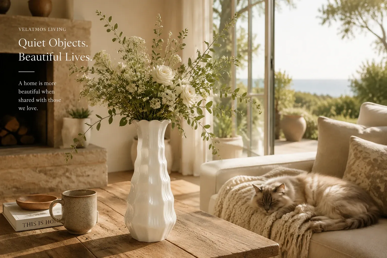 Lunara Blanc Petal Vase — Velatmos living editorial with lifestyle scenes