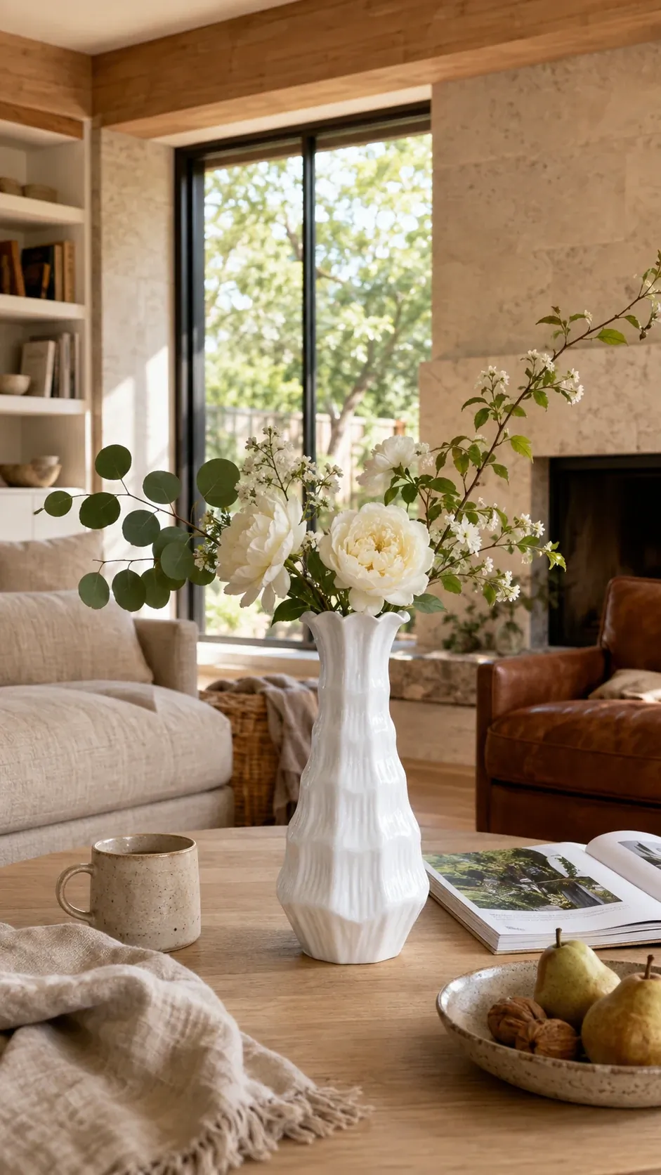 Lunara Blanc Petal Vase with white roses and eucalyptus on a coastal living-room table by the window
