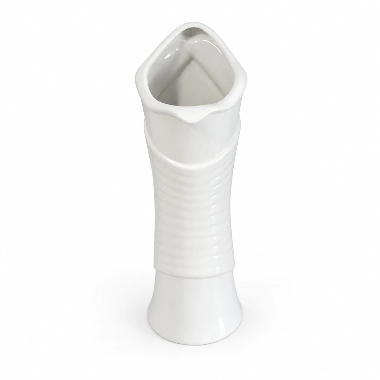 Actual product photo of the Lunara Blanc Wave Vase — elevated angle into the wave opening