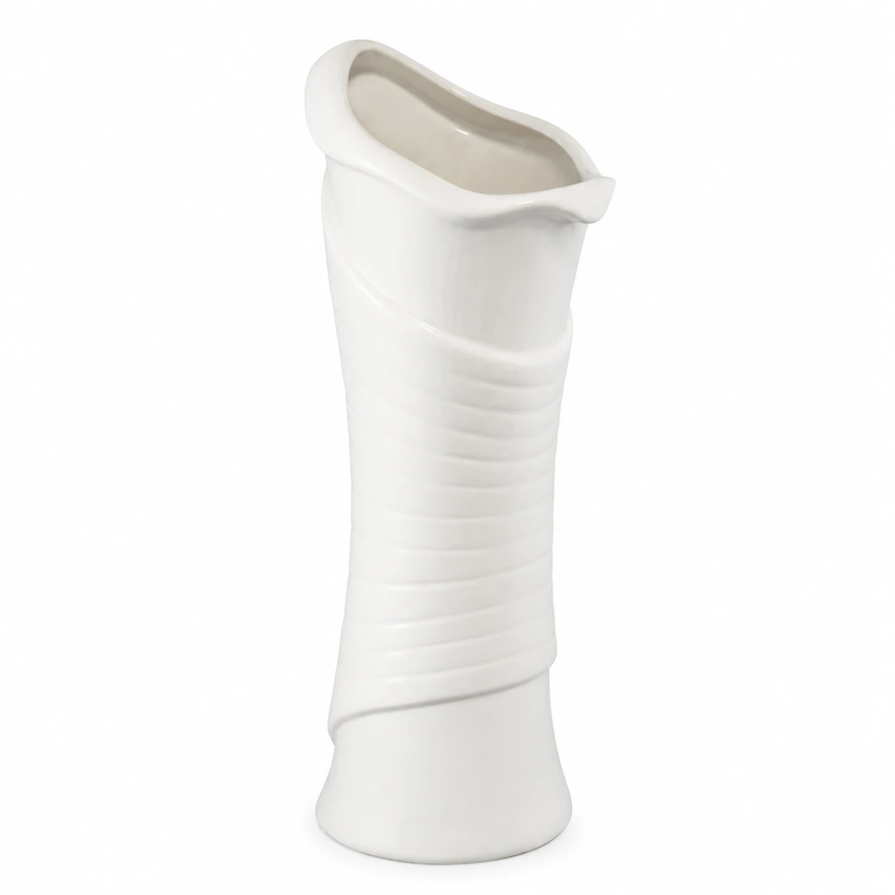 Actual product photo of the Lunara Blanc Wave Vase — spiral wrap texture and glossy glaze