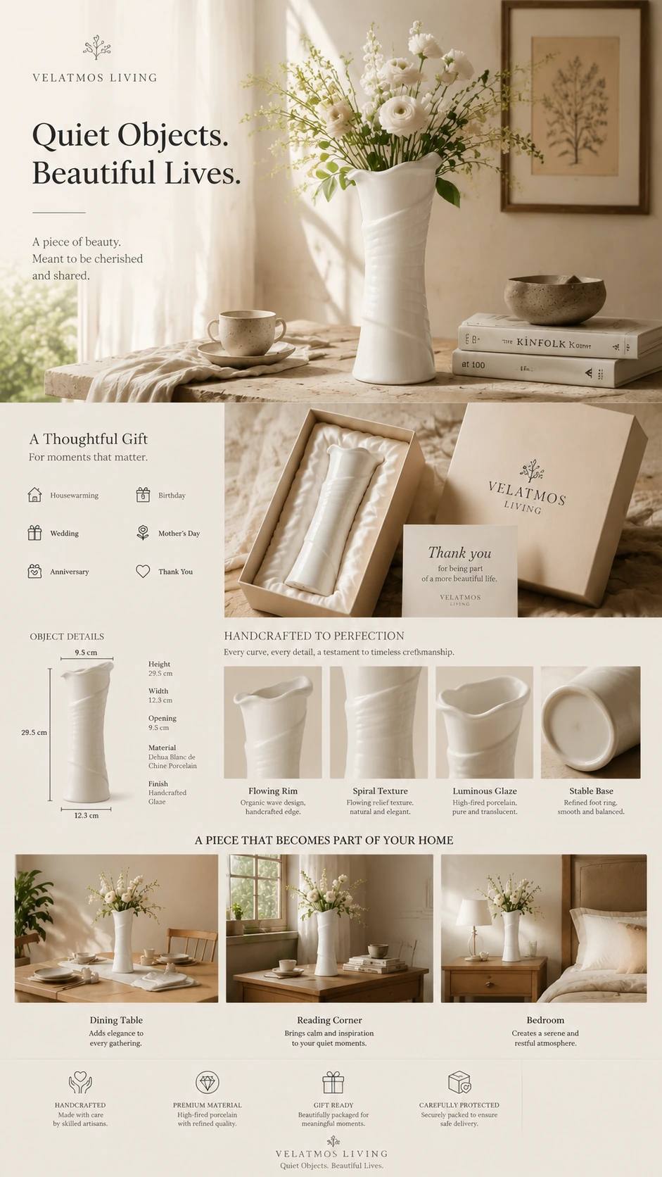 Velatmos Lunara Blanc Wave Vase gift system — ribboned box, thank-you card, Dehua Blanc de Chine craft, and home occasions