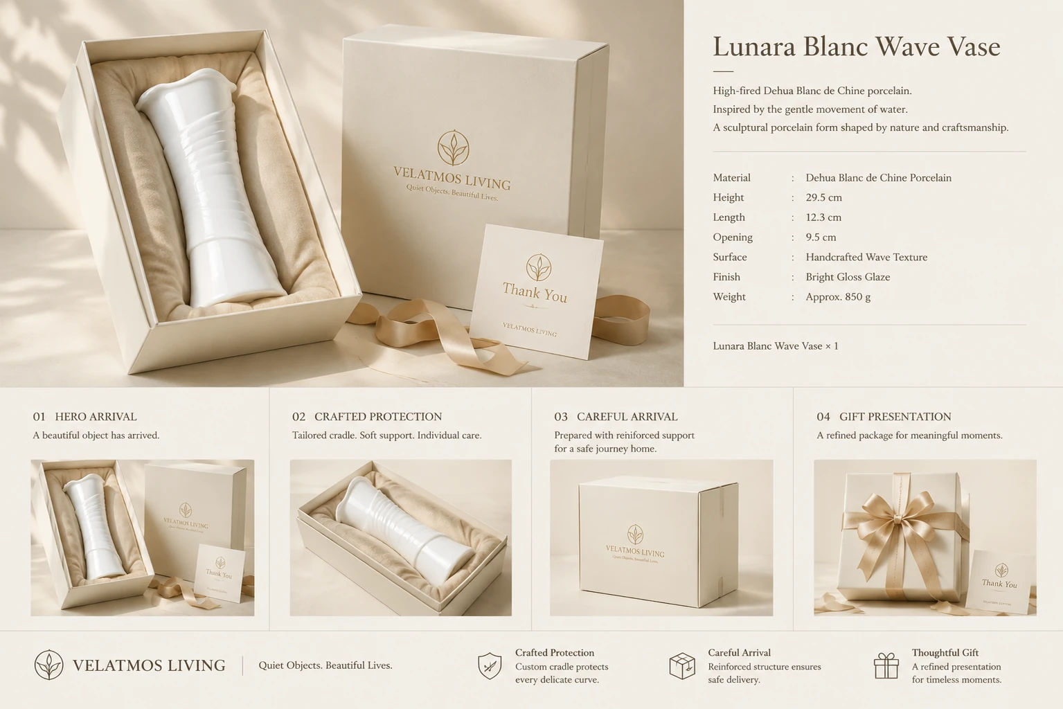 Lunara Blanc Wave Vase with protective packing
