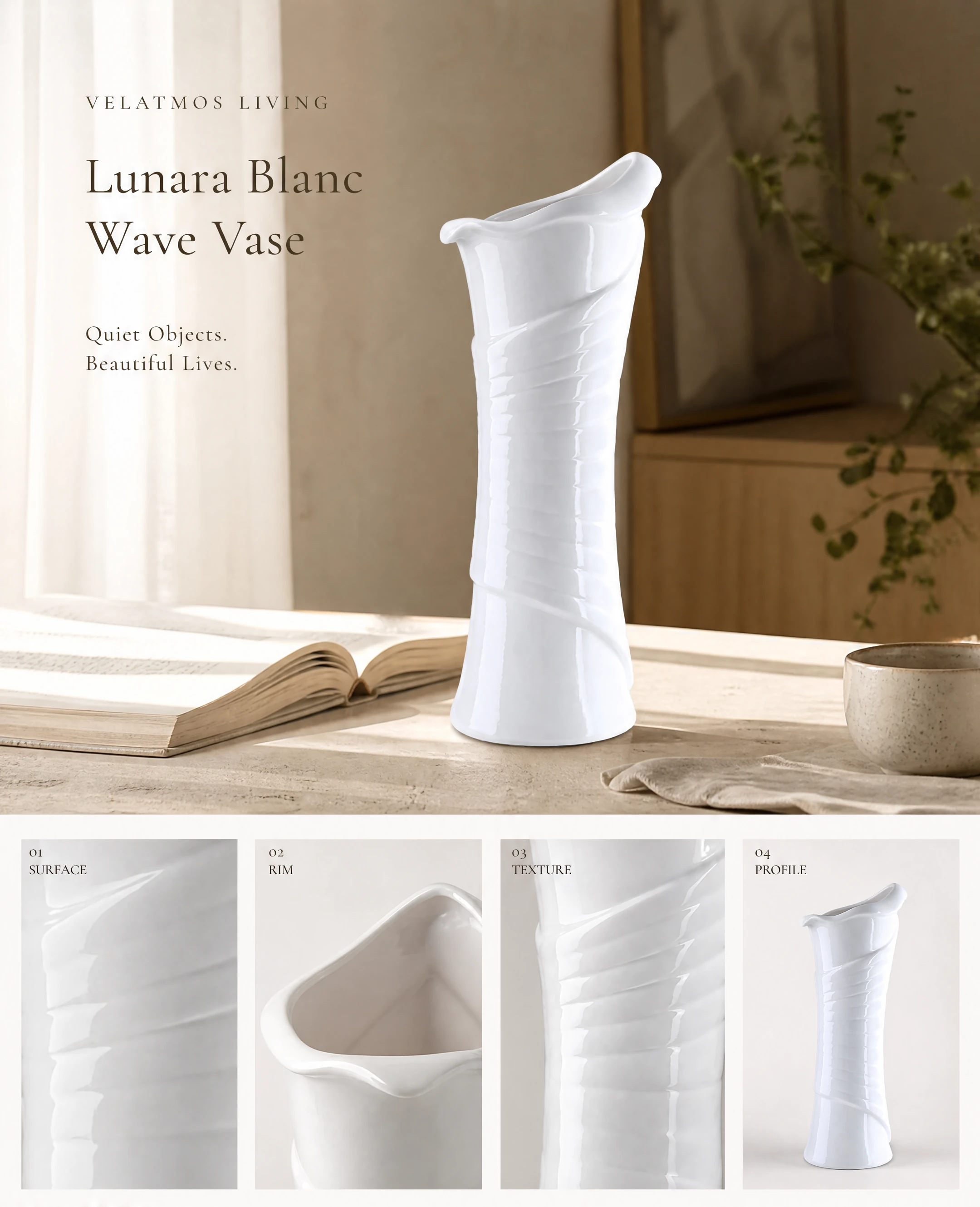 Macro view of Lunara Blanc Wave glaze and spiral texture