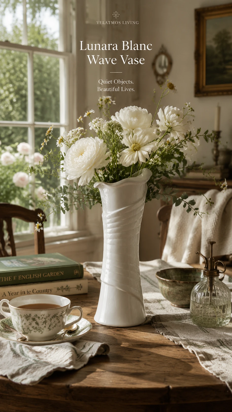 Lunara Blanc Wave Vase in an English country garden room