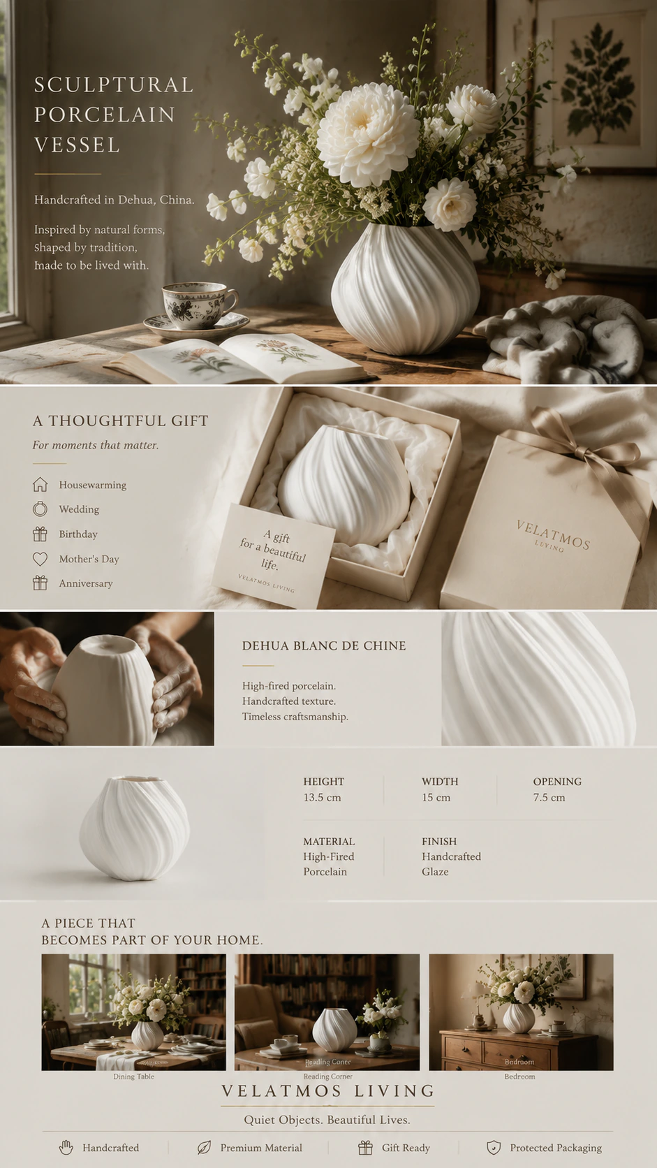 Velatmos Lunara Flow Orb Vase gift system — ribboned box, thank-you card, Dehua Blanc de Chine craft, and home occasions