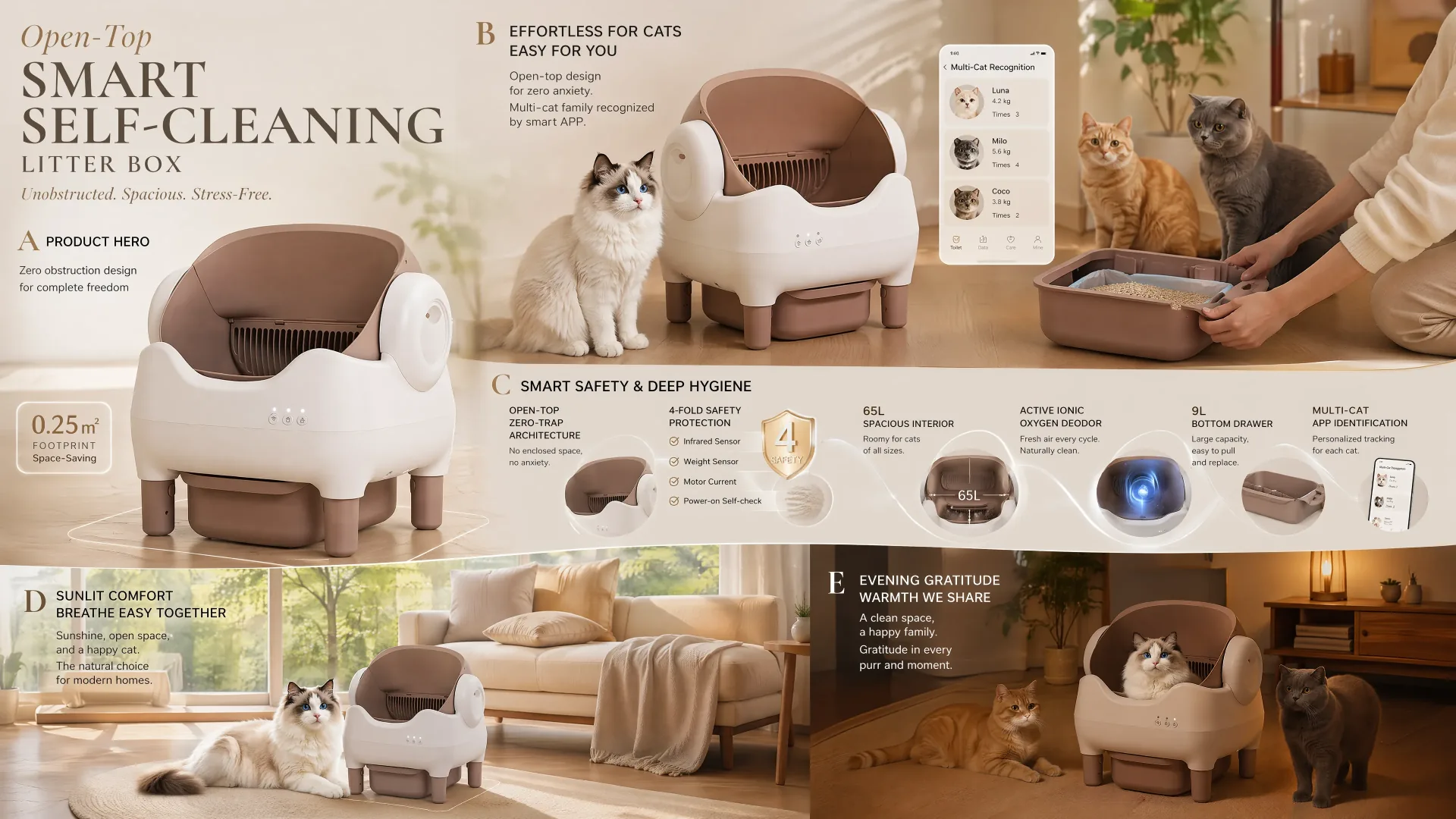 Open-top smart litter box lifestyle narrative — product hero, multi-cat App recognition, 4-fold safety features, sunlit and evening home scenes