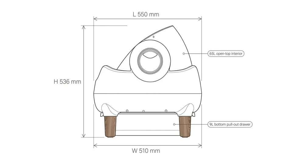 CATBOX-Mini-B dimension diagram — Length 520 mm Width 540 mm Height 680 mm, 65L open-top interior, 9L bottom pull-out drawer, 0.25 square meter footprint
