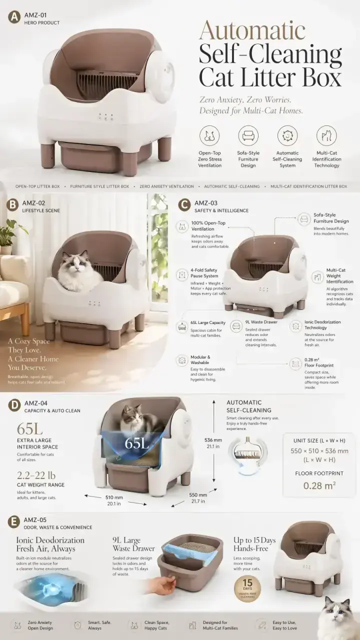 Automatic self-cleaning cat litter box features — open-top ventilation, 4-fold safety protection, 65L capacity 520x540x680mm, 9L waste drawer ionic deodor