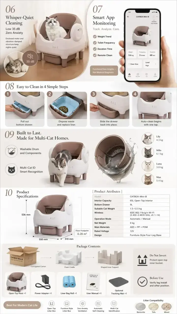 CATBOX-Mini-B smart care — quiet 35dB motor, Wi-Fi App monitoring, 4-step maintenance, multi-cat ID, specifications and in-box contents