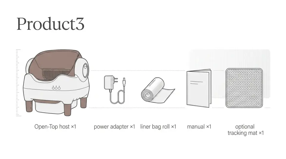 CATBOX-Mini-B in-the-box contents — open-top host, power adapter, liner bag roll, user manual, optional tracking mat