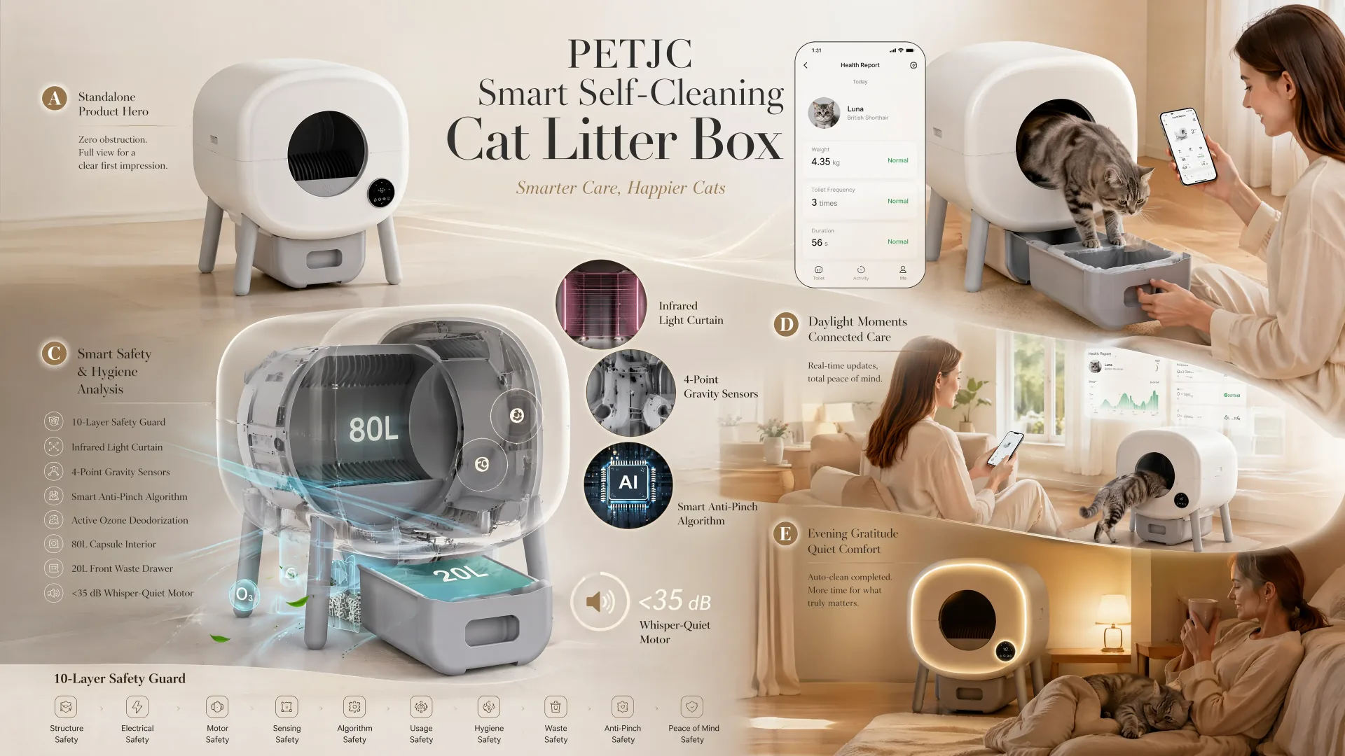PETJC lifestyle narrative — British Shorthair entering low-threshold capsule, caregiver pulling front waste drawer, App health report UI, Scandinavian home scenes