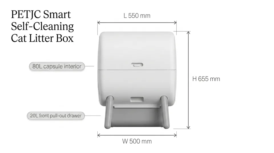 PETJC-Auto-Capsule dimension diagram — Length 550 mm Width 510 mm Height 536 mm, 65L open-top interior, 9L bottom pull-out drawer, 0.28 square meter footprint
