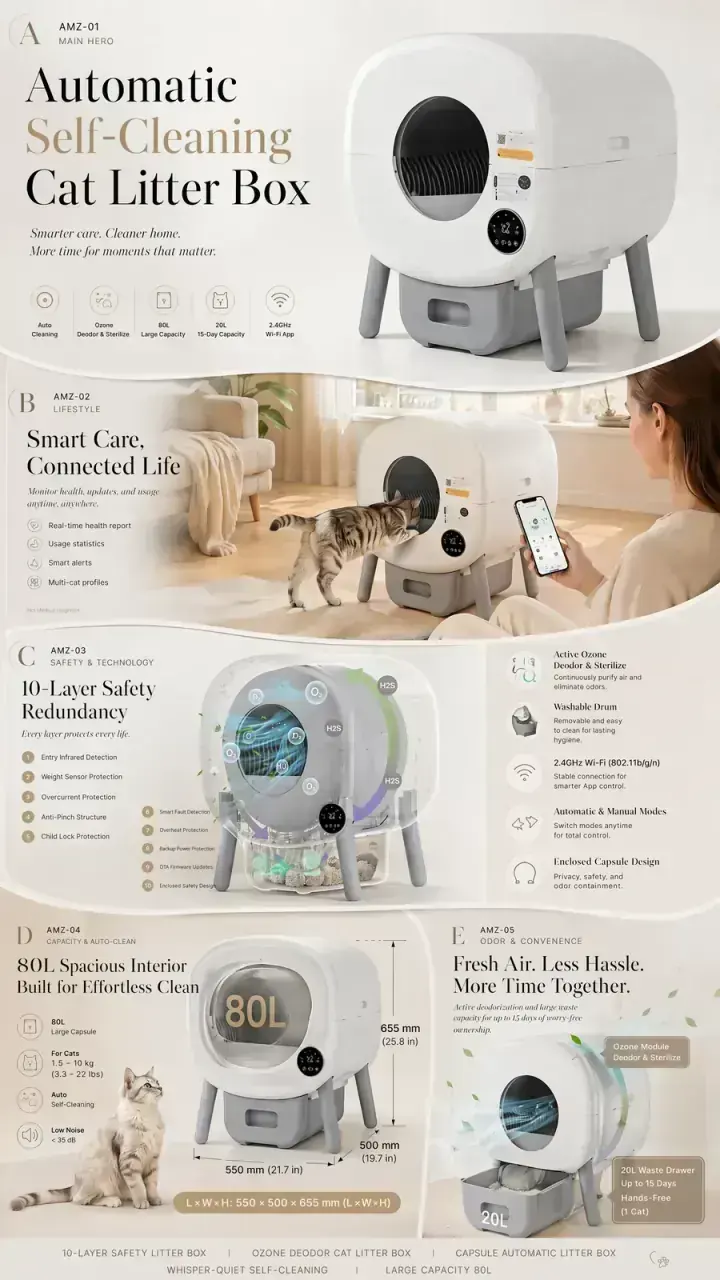 PETJC features — 10-Layer Safety, active ozone deodor, front drawer maintenance, hands-free auto sift