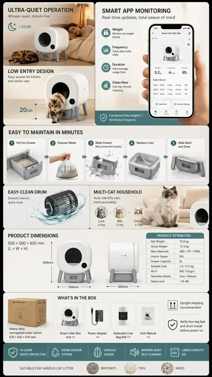 PETJC smart care — whisper-quiet motor, 2.4GHz App, front drawer steps, in-box contents