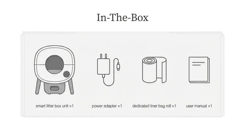 PETJC-Auto-Capsule in-the-box contents — open-top host, power adapter, liner bag roll, user manual, optional tracking mat