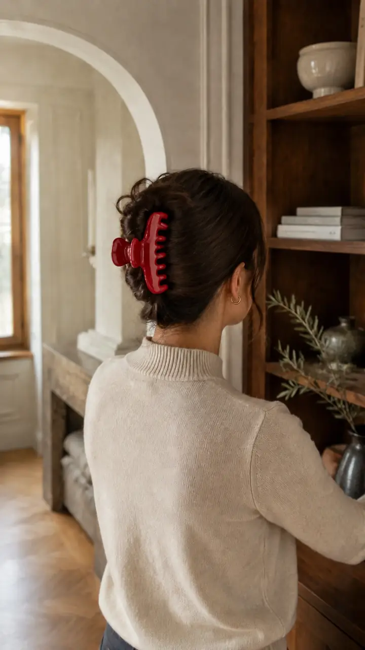 Large Cherry Red on warm brown hair — refined everyday updo
