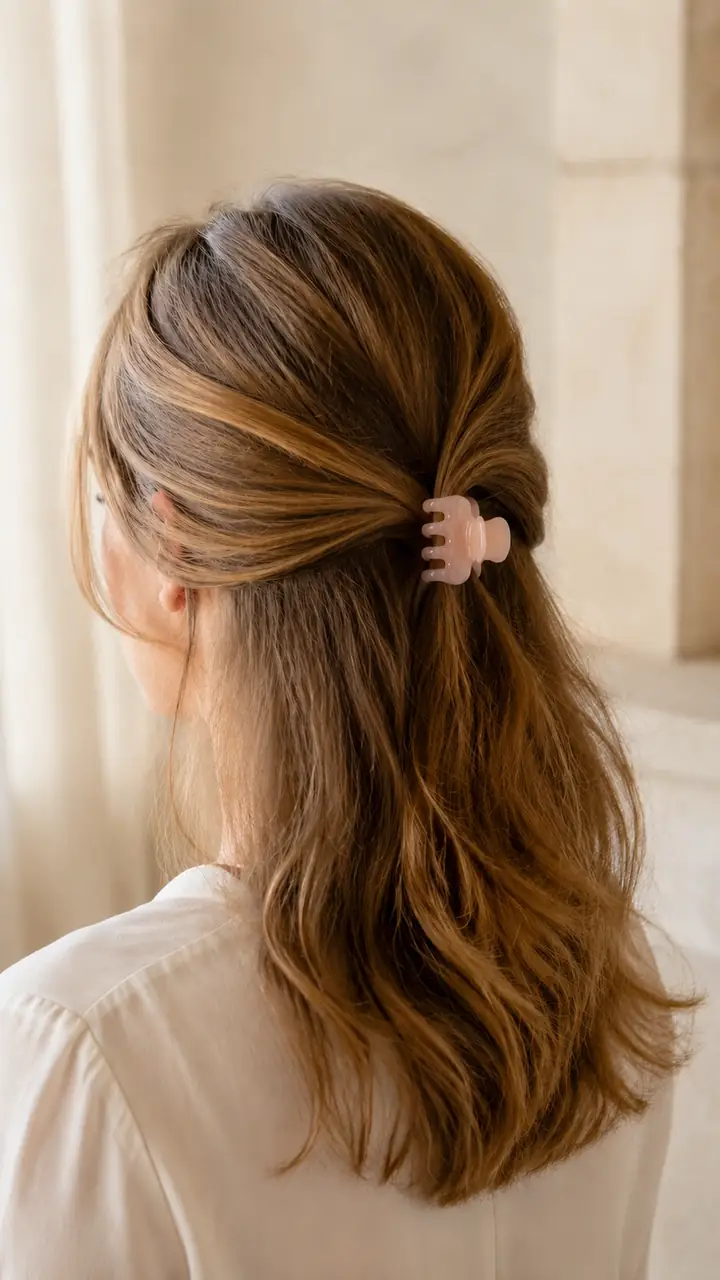 Small Blush Pink on lighter hair — half-up style